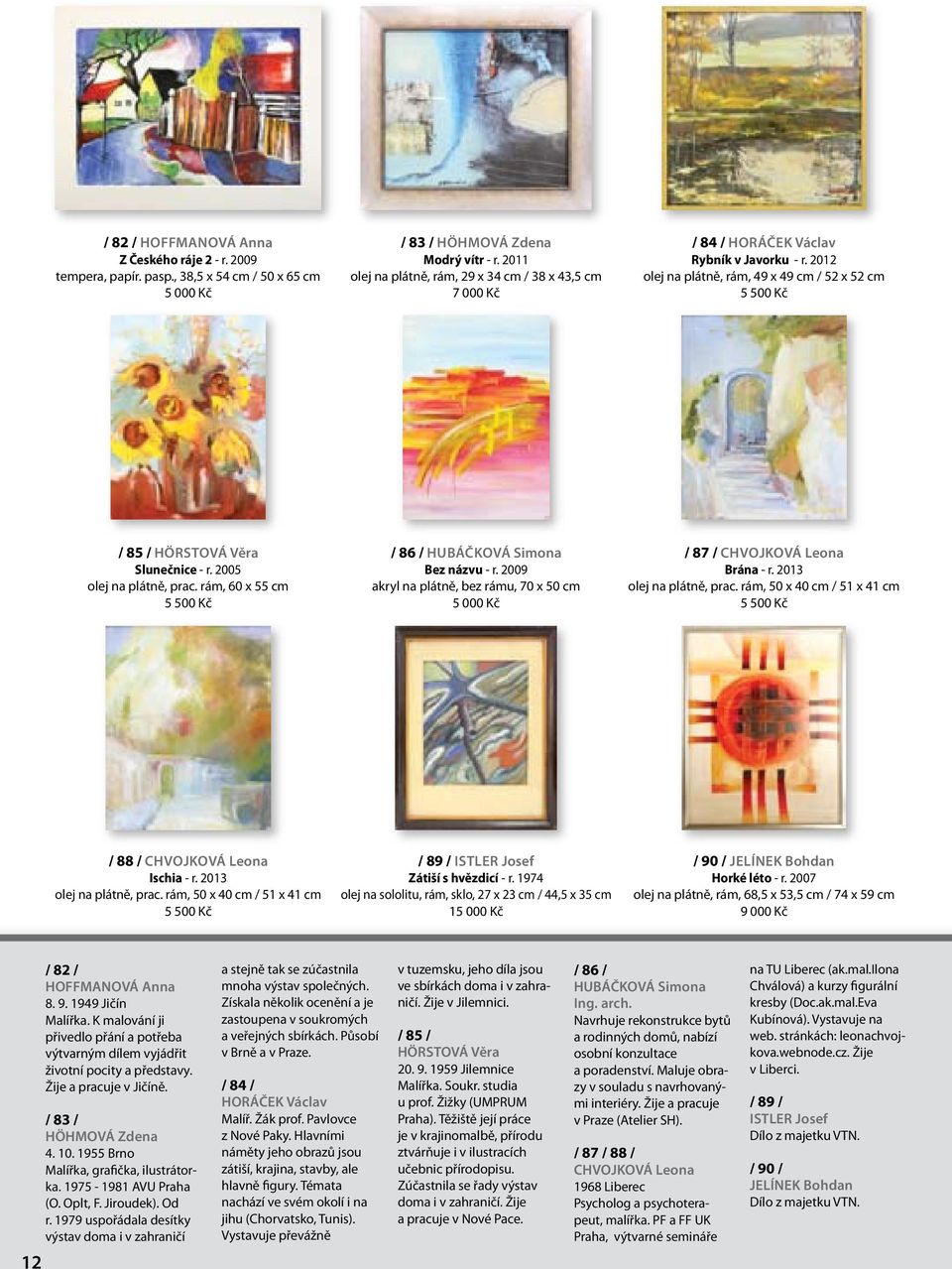 2005 olej na plátně, prac. rám, 60 x 55 cm 5 500 Kč / 86 / Hubáčková Simona Bez názvu - r. 2009 akryl na plátně, bez rámu, 70 x 50 cm / 87 / chvojková Leona Brána - r. 2013 olej na plátně, prac.