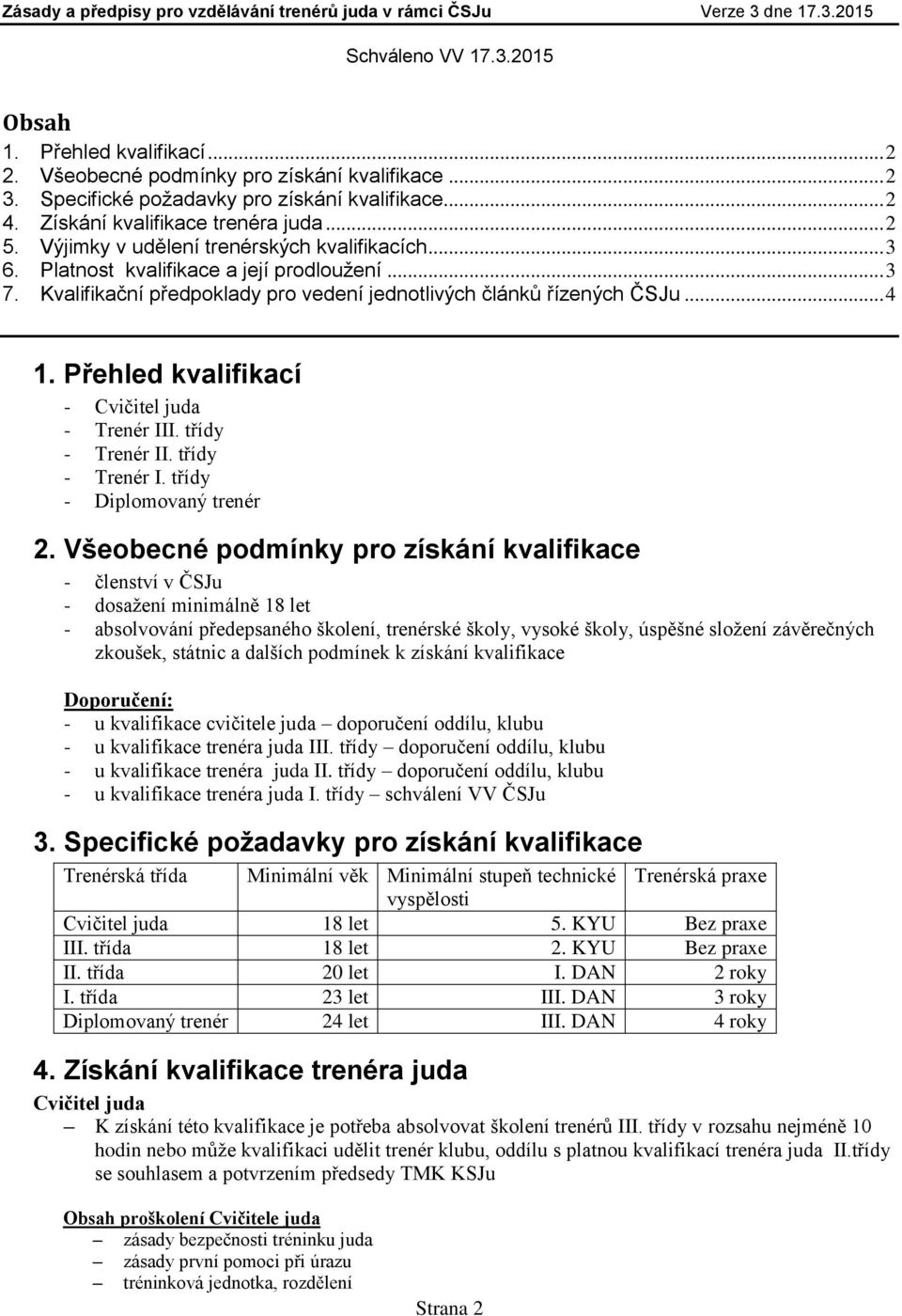 Přehled kvalifikací - Cvičitel juda - Trenér III. třídy - Trenér II. třídy - Trenér I. třídy - Diplomovaný trenér 2.