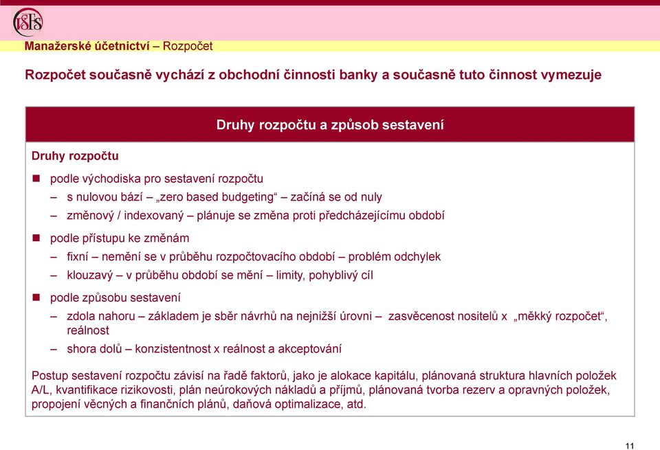 období problém odchylek klouzavý v průběhu období se mění limity, pohyblivý cíl podle způsobu sestavení zdola nahoru základem je sběr návrhů na nejnižší úrovni zasvěcenost nositelů x měkký rozpočet,