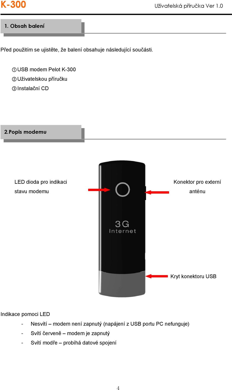 Popis modemu LED dioda pro indikaci stavu modemu Konektor pro externí anténu Kryt konektoru USB