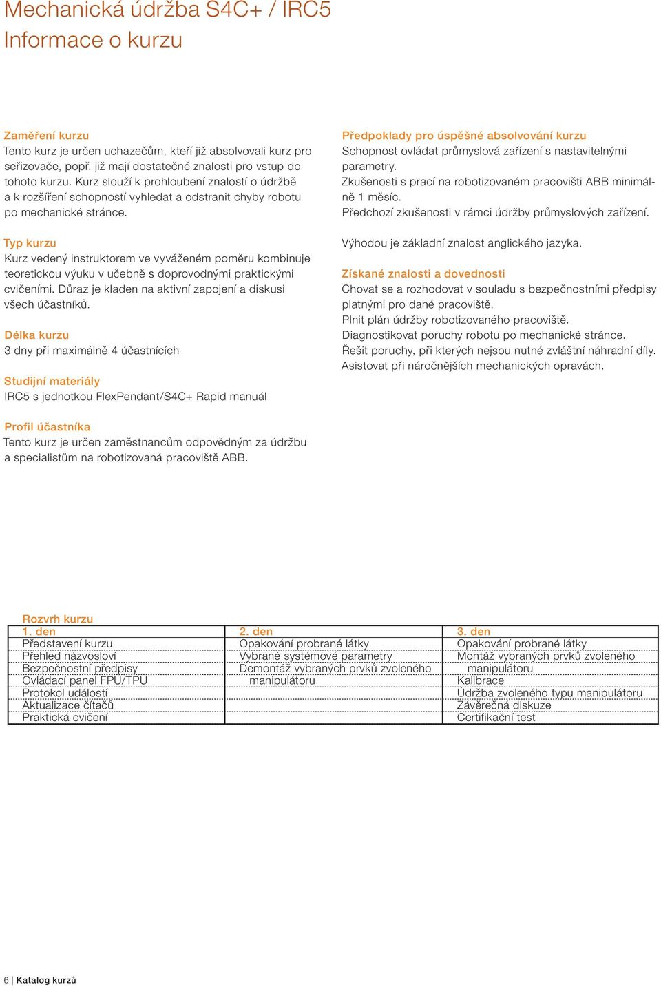 Důraz je kladen na aktivní zapojení a diskusi všech 3 dny při maximálně 4 účastnících IRC5 s jednotkou FlexPendant/S4C+ Rapid manuál Schopnost ovládat průmyslová zařízení s nastavitelnými parametry.