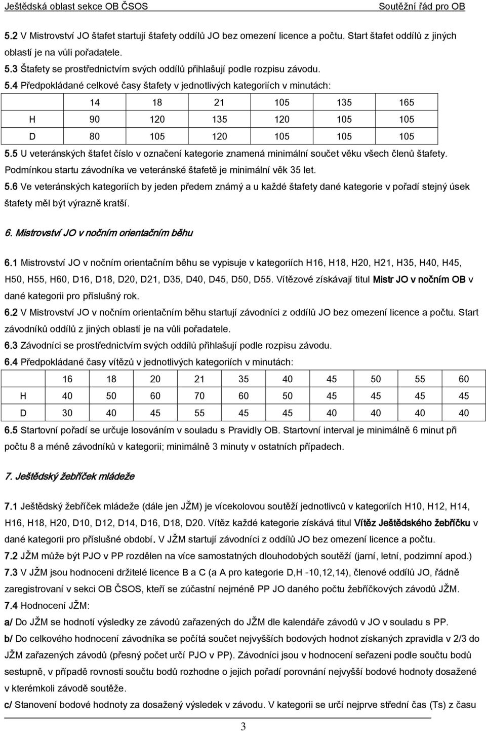 4 Předpokládané celkové časy štafety v jednotlivých kategoriích v minutách: 14 18 21 105 135 165 H 90 120 135 120 105 105 D 80 105 120 105 105 105 5.