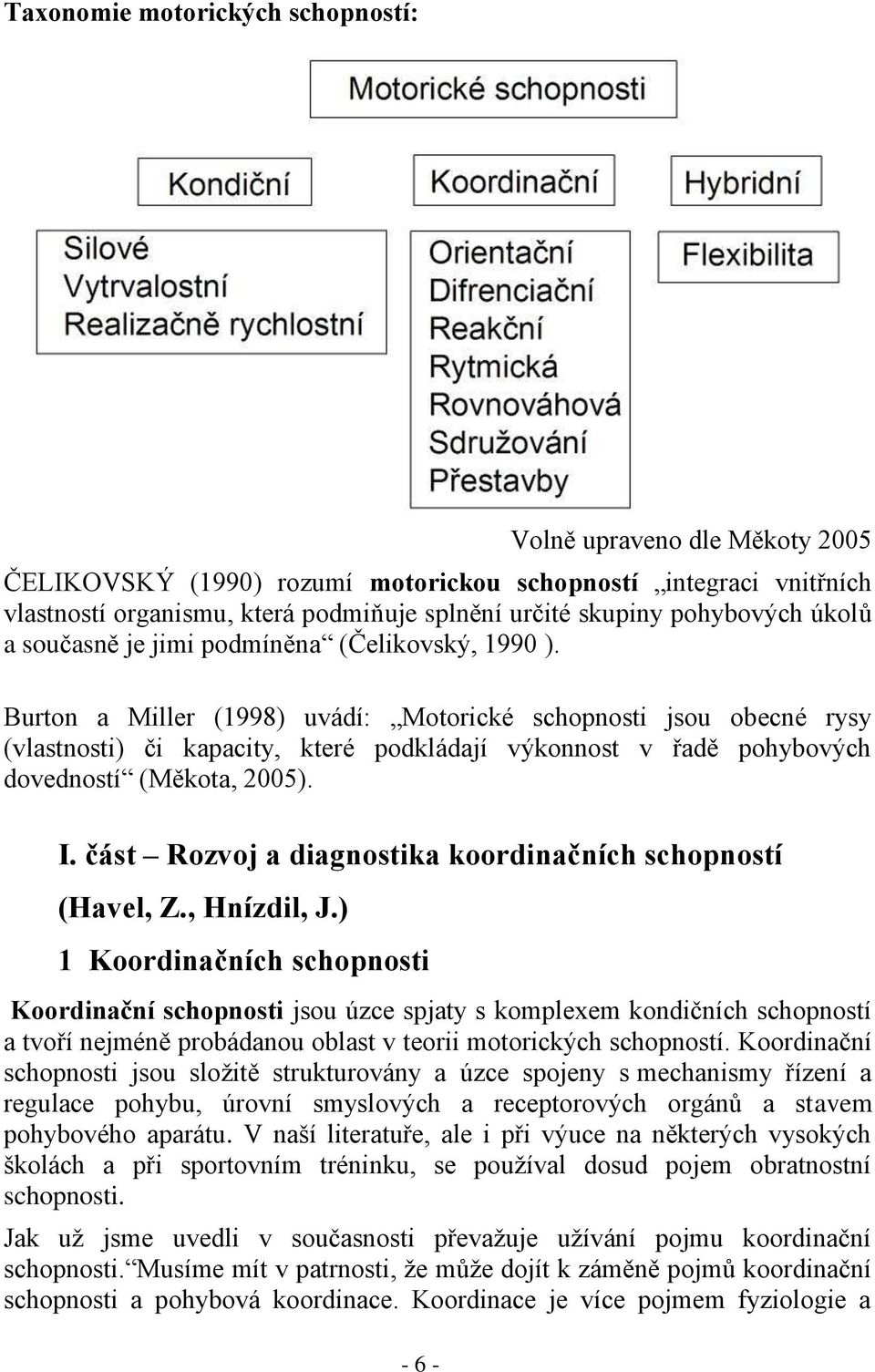 Burton a Miller (1998) uvádí: Motorické schopnosti jsou obecné rysy (vlastnosti) či kapacity, které podkládají výkonnost v řadě pohybových dovedností (Měkota, 2005). I.
