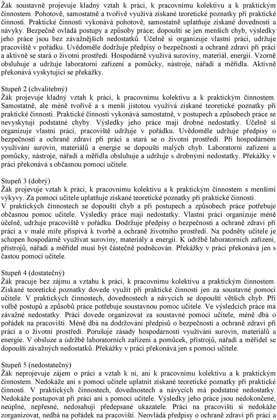 Bezpečně ovládá postupy a způsoby práce; dopouští se jen menších chyb, výsledky jeho práce jsou bez závažnějších nedostatků. Účelně si organizuje vlastní práci, udržuje pracoviště v pořádku.