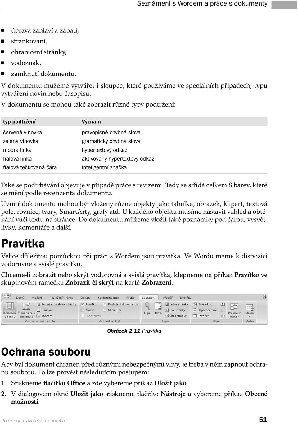 V dokumentu se mohou také zobrazit různé typy podtržení: typ podtržení červená vlnovka zelená vlnovka modrá linka fialová linka fialová tečkovaná čára Význam pravopisně chybná slova gramaticky chybná