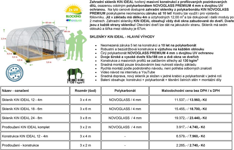 Již v základu má délku 4m a úctyhodných 12,00 m 2 a lze dokupovat i další moduly po 2 metrech. Zahradní skleníky KIN IDEAL obsahují vždy dvě okna zabudované do dveří.