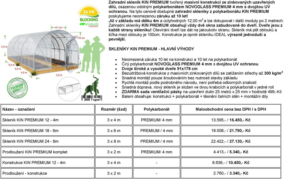 Již v základu má délku 4m a úctyhodných 12,00 m 2 a lze dokupovat i další moduly po 2 metrech. Zahradní skleníky KIN PREMIUM obsahují vždy dvě okna zabudované do dveří.