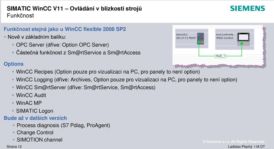 option) WinCC Logging (dříve: Archives, Option pouze pro vizualizaci na PC, pro panely to není option) WinCC Sm@rtServer (dříve: Sm@rtService,