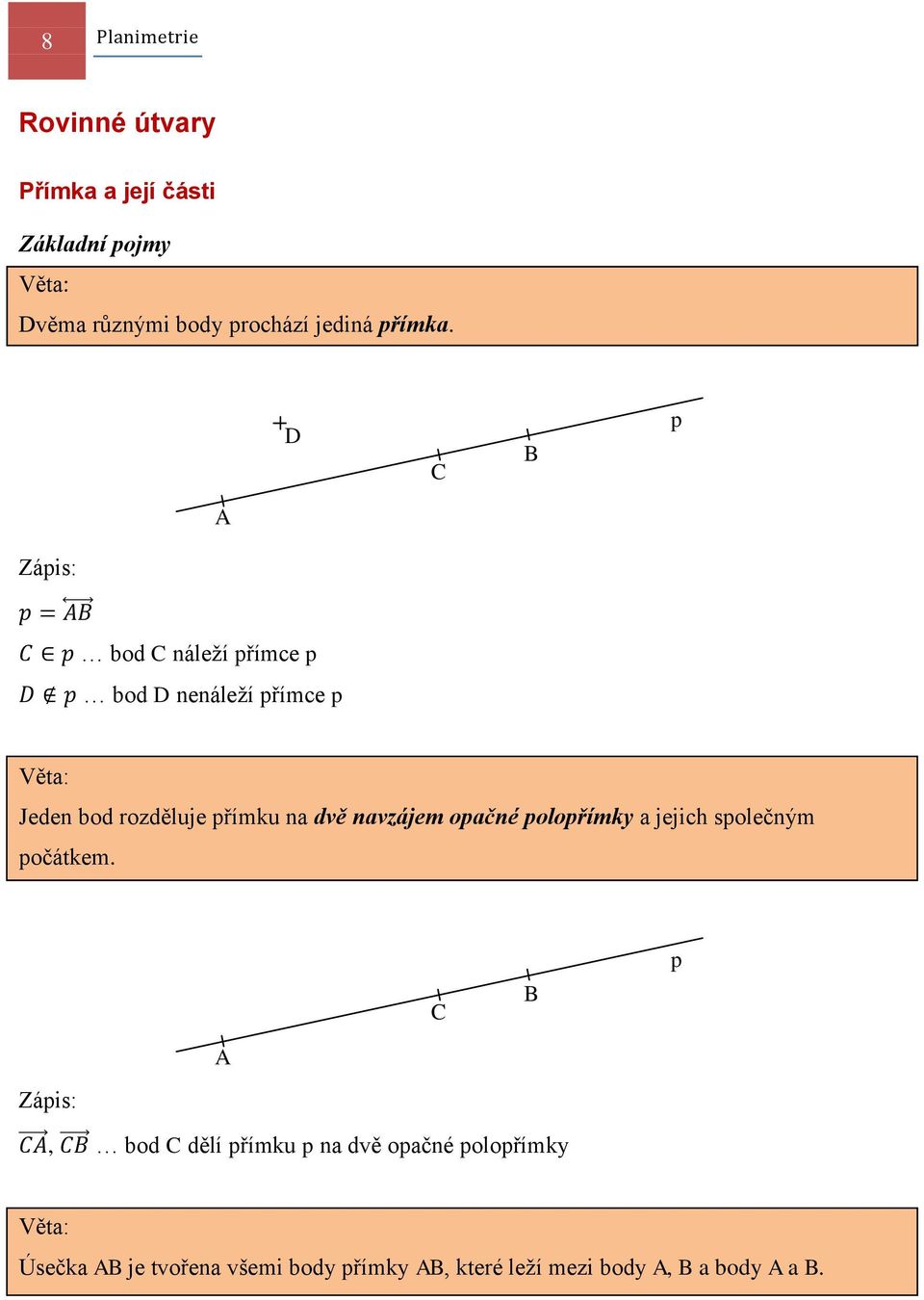 D C B p A Zápis: bod C náleží přímce p bod D nenáleží přímce p Věta: Jeden bod rozděluje přímku na dvě