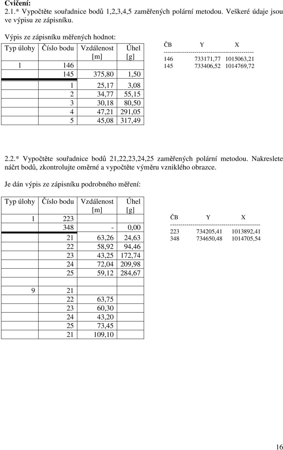 -------------------------------------------- 146 733171,77 1015063,1 145 733406,5 1014769,7..* Vypočtěte souřadnice bodů 1,,3,4,5 zaměřených polární metodou.