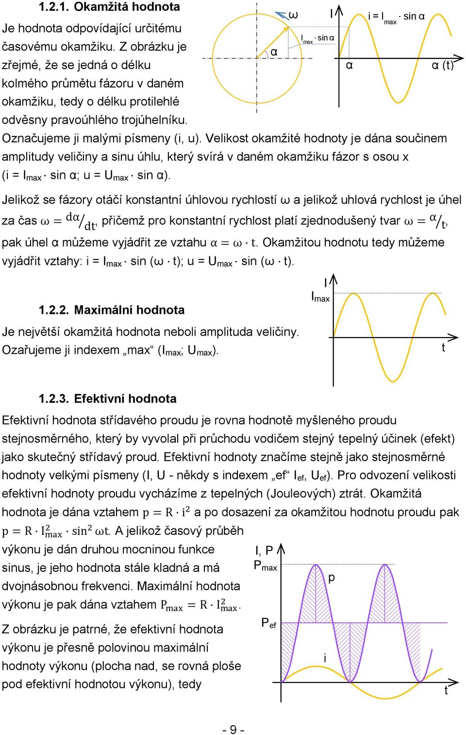 Velikost okamžité hodnoty je dána součinem amplitudy veličiny a sinu úhlu, který svírá v daném okamžiku fázor s osou x (i = max sin α; u = max sin α).