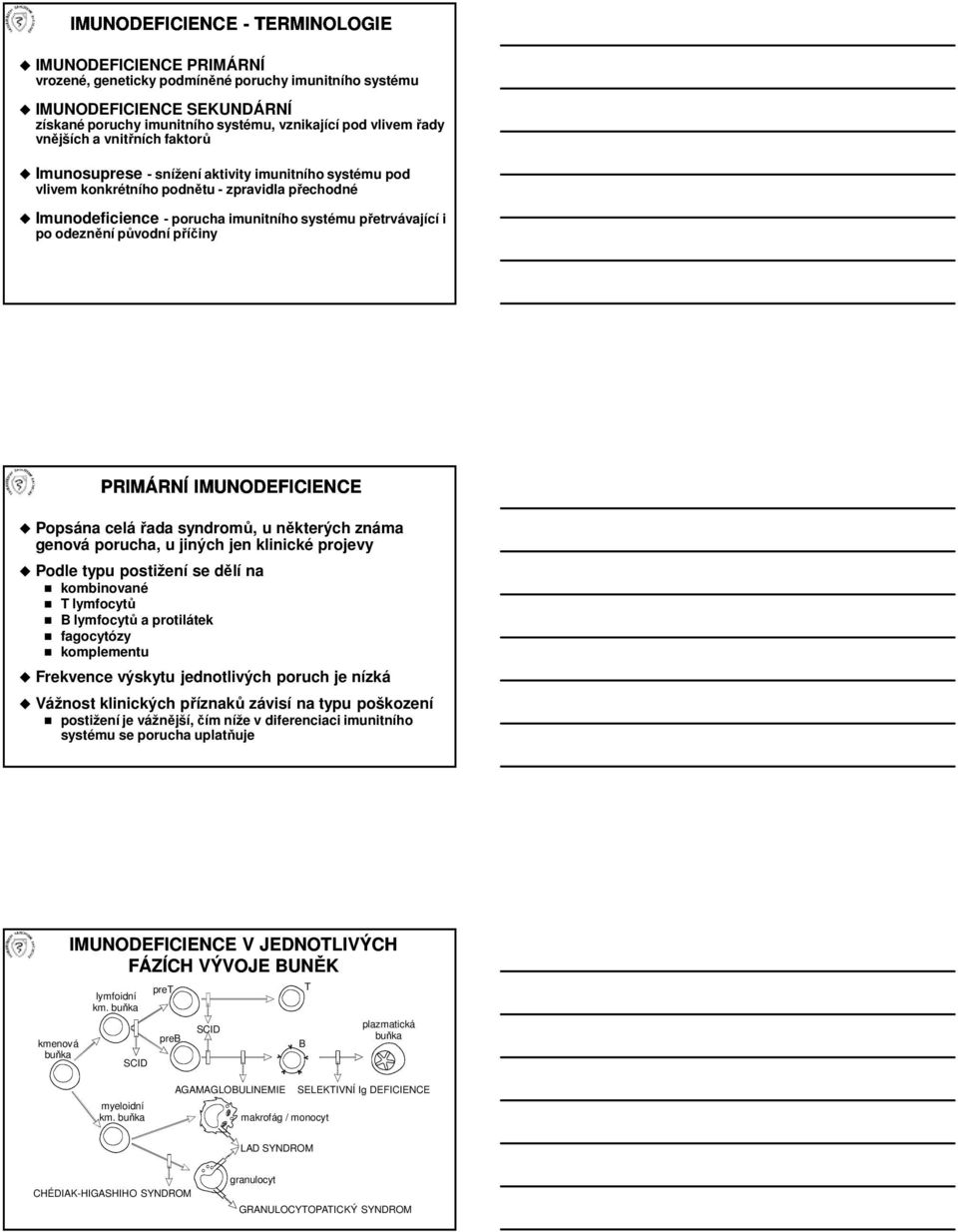 po odeznění původní příčiny PRIMÁRNÍ IMUNODEFICIENCE Popsána celá řada syndromů, u některých známa genová porucha, u jiných jen klinické projevy Podle typu postižení se dělí na kombinované T