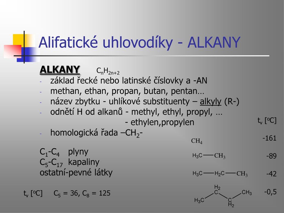 odnětí od alkanů - methyl, ethyl, propyl, - ethylen,propylen - homologická řada 2-1 - 4 plyny