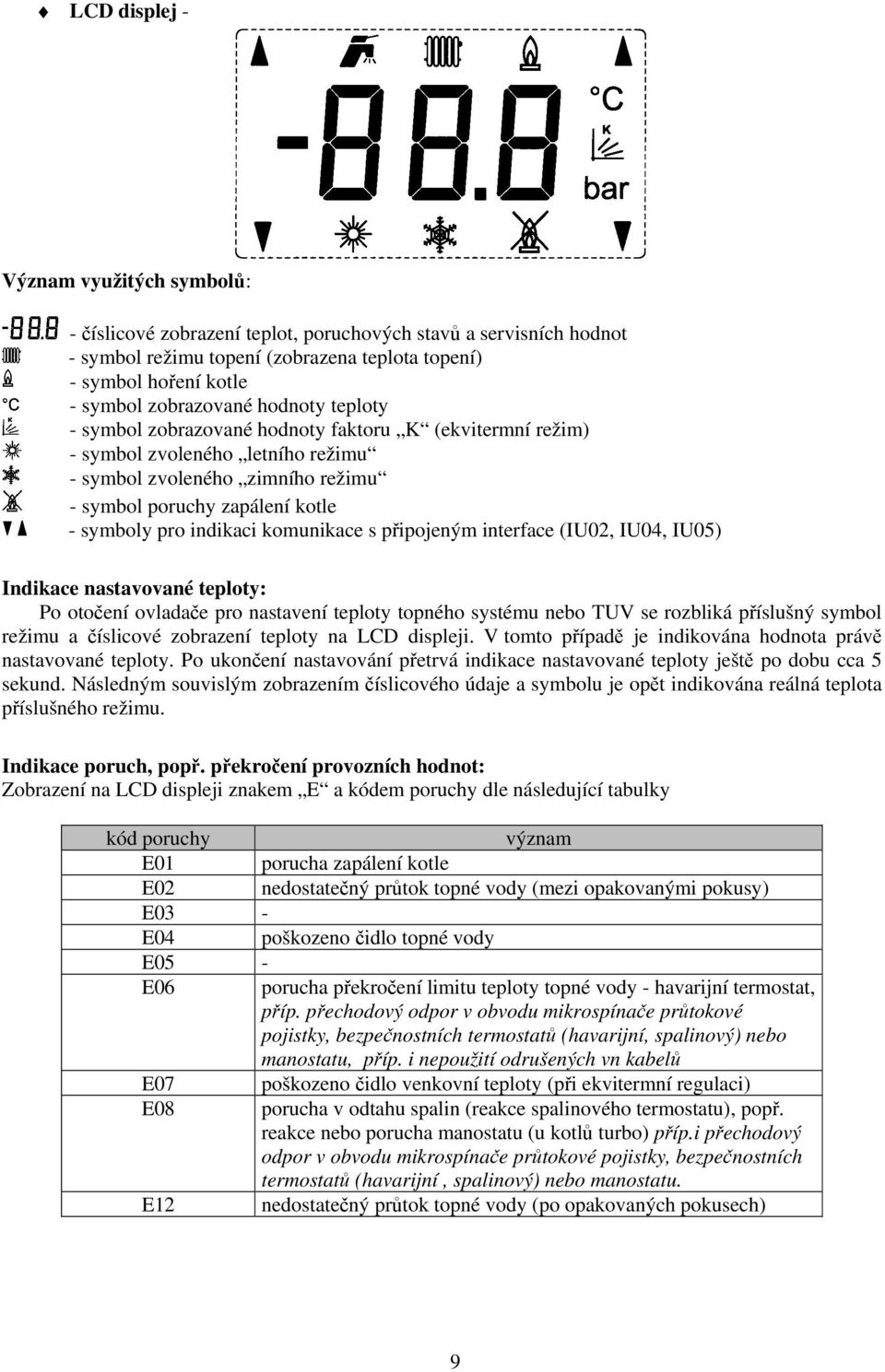 indikaci komunikace s připojeným interface (IU02, IU04, IU05) Indikace nastavované teploty: Po otočení ovladače pro nastavení teploty topného systému nebo TUV se rozbliká příslušný symbol režimu a