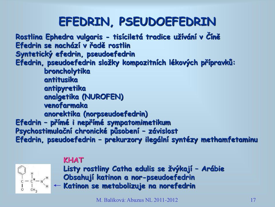 (norpseudoefedrin) Efedrin přímé i nepřímé sympatomimetikum Psychostimulační chronické působení závislost Efedrin, pseudoefedrin prekurzory ilegální syntézy