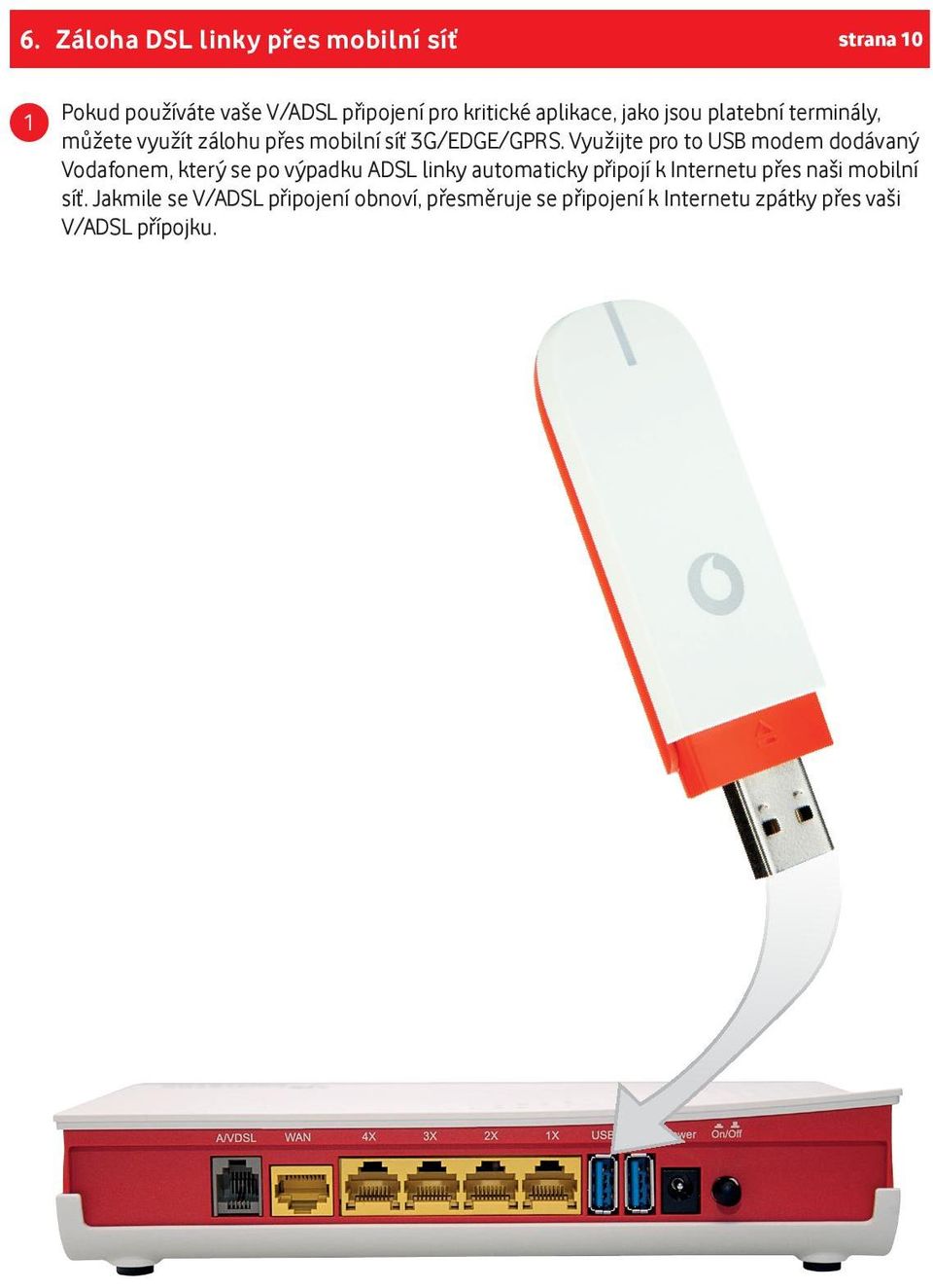 Využijte pro to USB modem dodávaný Vodafonem, který se po výpadku ADSL linky automaticky připojí k