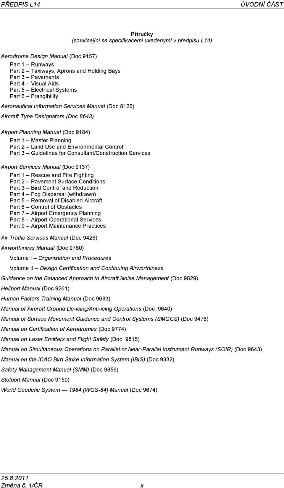 Master Planning Part 2 Land Use and Environmental Control Part 3 Guidelines for Consultant/Construction Services Airport Services Manual (Doc 9137) Part 1 Rescue and Fire Fighting Part 2 Pavement