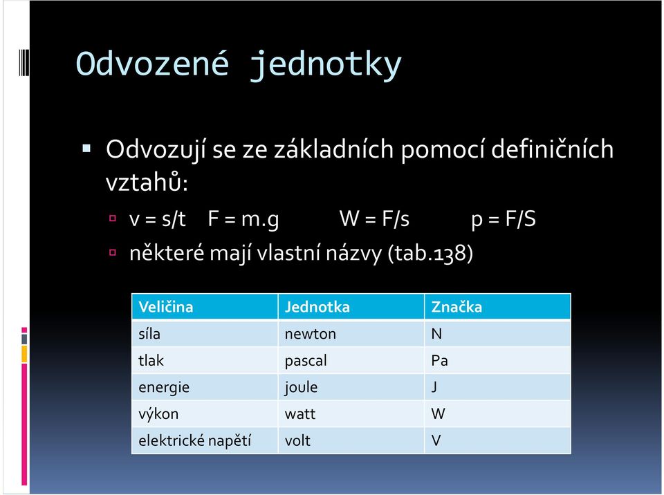 g W = F/s p = F/S některé mají vlastní názvy (tab.