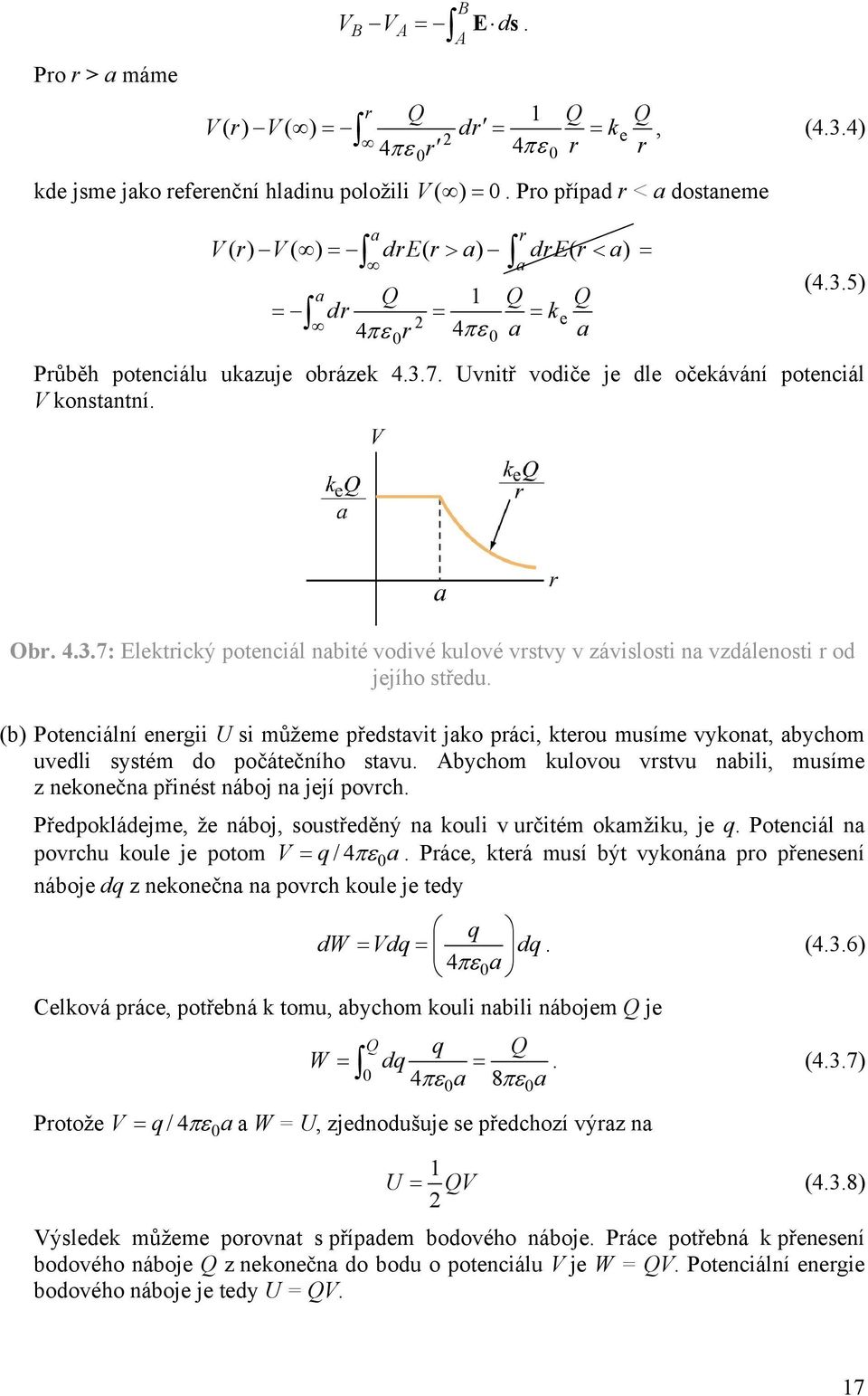 Uvnitř vodiče je dle očekávání potenciál V konstantní. Obr. 4.3.7: Elektrický potenciál nabité vodivé kulové vrstvy v závislosti na vzdálenosti r od jejího středu.