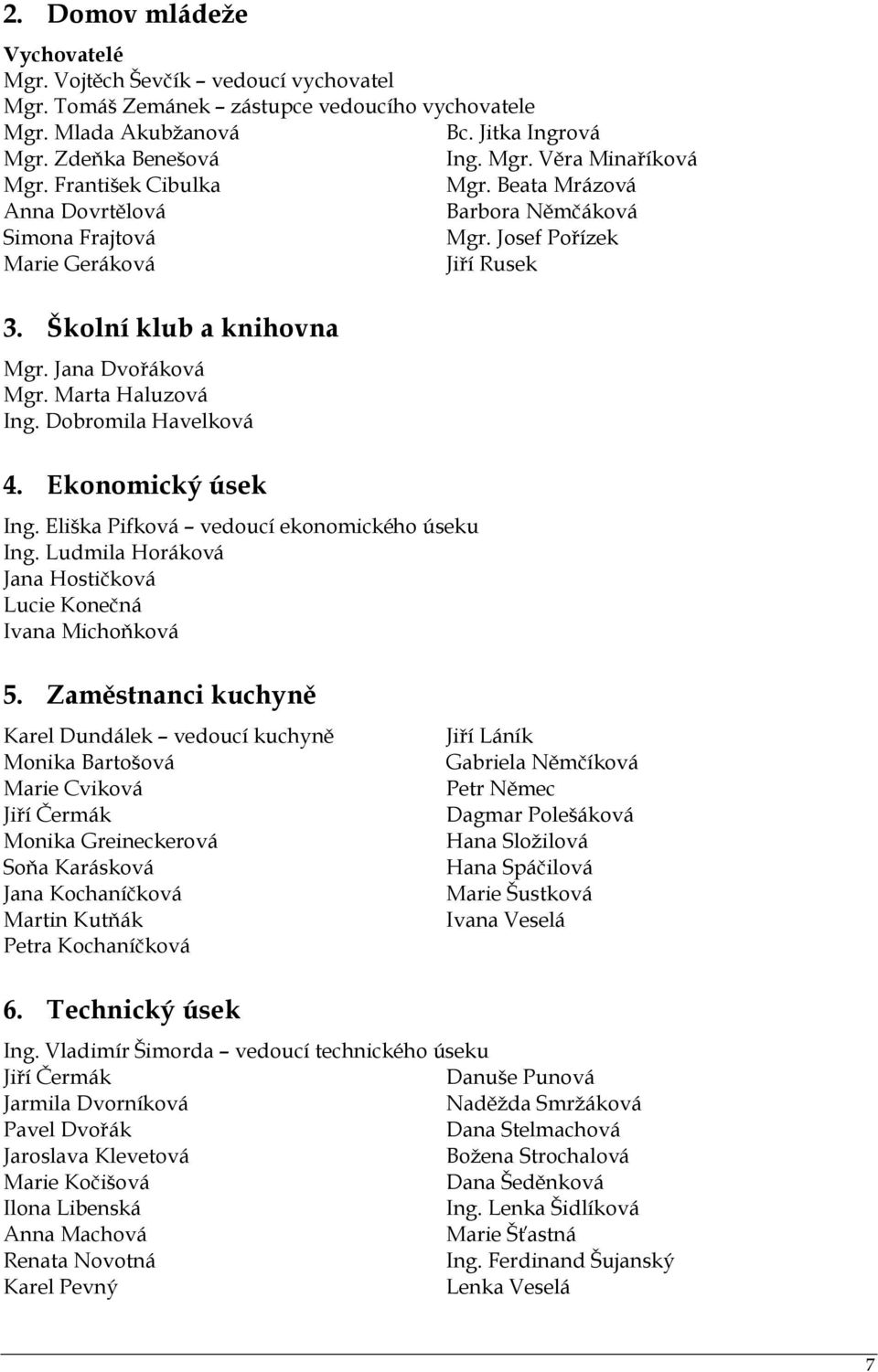 Eliška Pifková vedoucí ekonomického úseku Ing. Ludmila Horáková Jana Hostičková Lucie Konečná Ivana Michoňková Bc. Jitka Ingrová Ing. Mgr. Věra Minaříková Mgr. Beata Mrázová Barbora Němčáková Mgr.