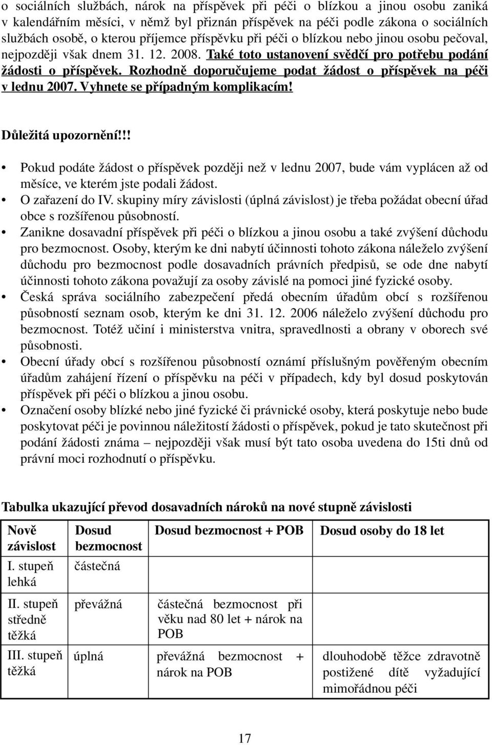 Rozhodně doporučujeme podat žádost o příspěvek na péči v lednu 2007. Vyhnete se případným komplikacím! Důležitá upozornění!