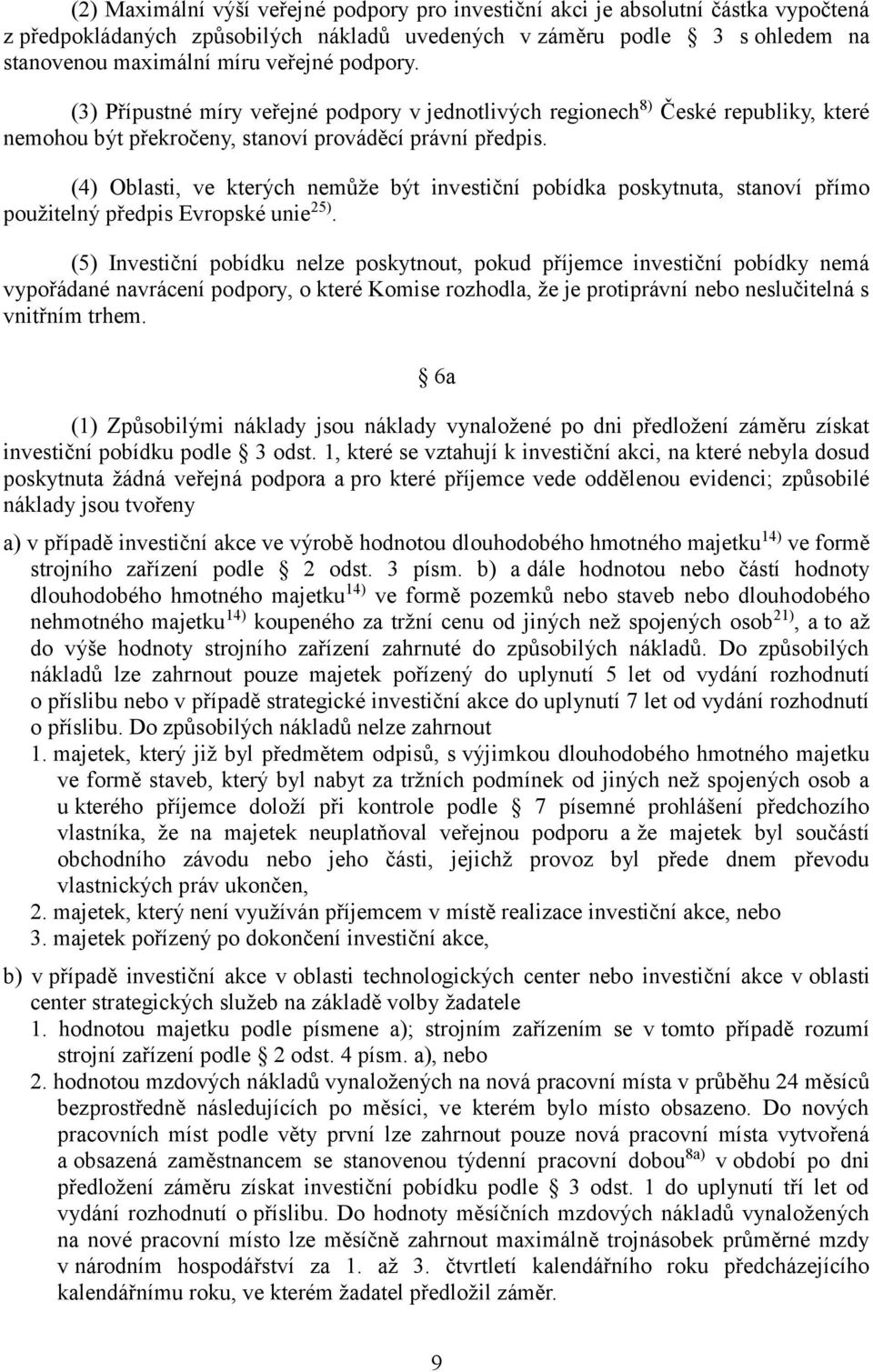 (4) Oblasti, ve kterých nemůže být investiční pobídka poskytnuta, stanoví přímo použitelný předpis Evropské unie 25).