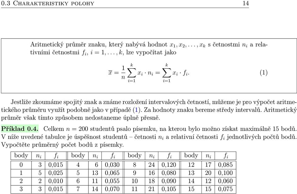 Aritmetický průměr však tímto způsobem nedostaneme úplně přesně. Příklad 0.4. Celkem n = 200 studentů psalo písemku, na kterou bylo možno získat maximálně 15 bodů.
