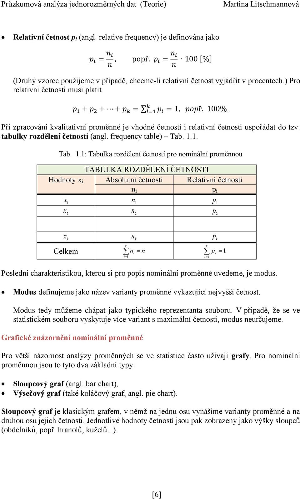 1. Tab. 1.1: Tabulka rozdělení četností pro nominální proměnnou TABULKA ROZDĚLENÍ ČETNOSTI Hodnoty x i Absolutní četnosti Relativní četnosti n i x1 n1 p1 x2 n2 p2 p i.