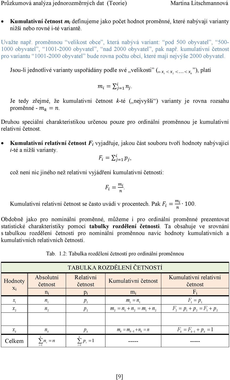 kumulativní četnost pro variantu 11-2 obyvatel bude rovna počtu obcí, které mají nejvýše 2 obyvatel. Jsou-li jednotlivé varianty uspořádány podle své velikosti (.