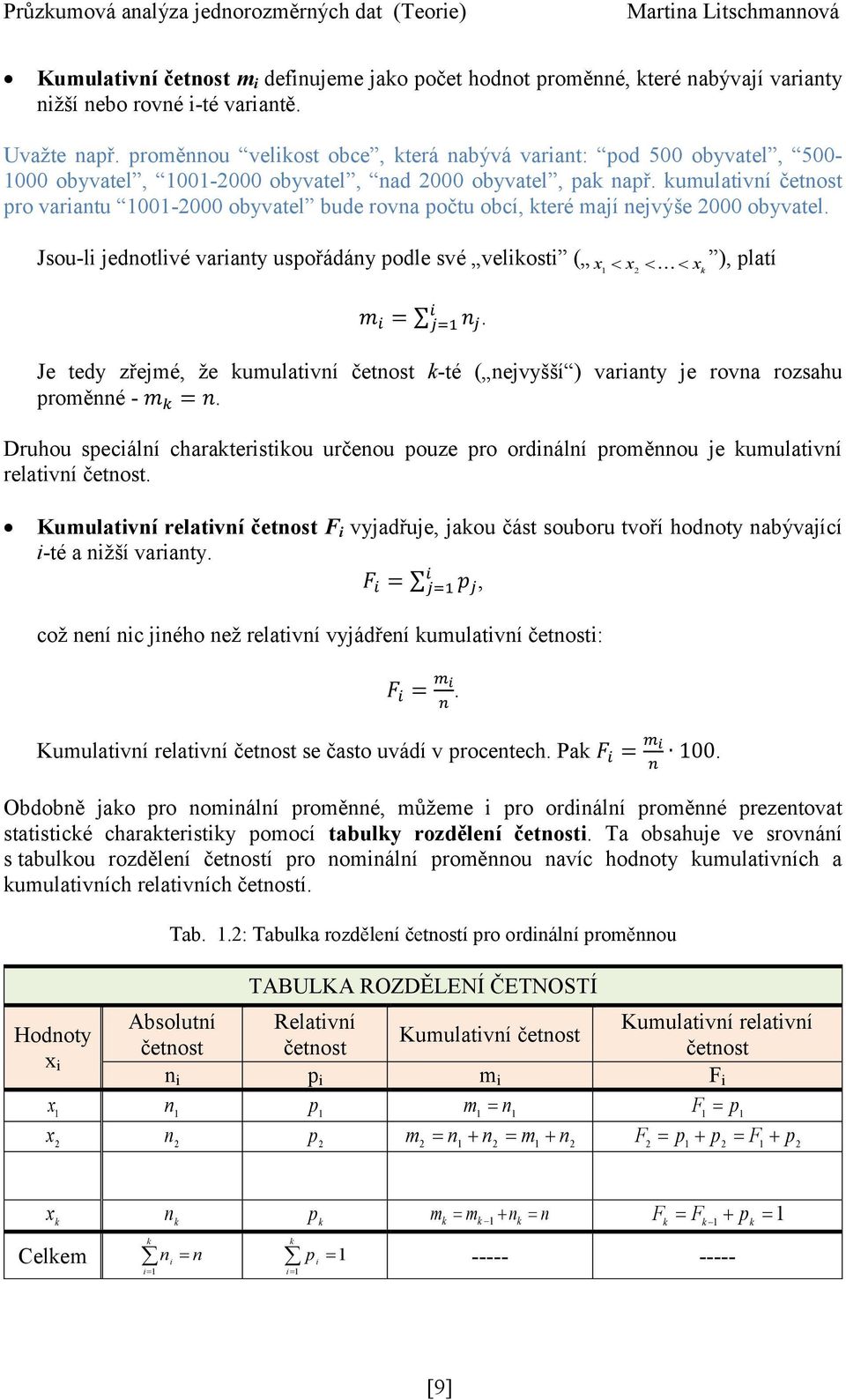 kumulativní četnost pro variantu 11-2 obyvatel bude rovna počtu obcí, které mají nejvýše 2 obyvatel. Jsou-li jednotlivé varianty uspořádány podle své velikosti (.