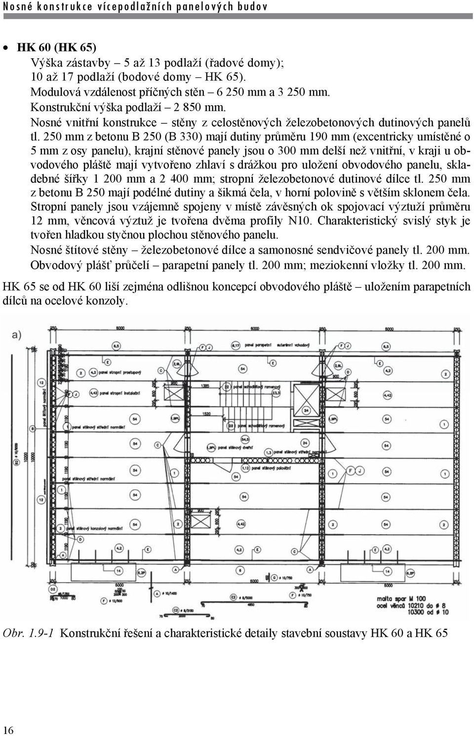 250 mm z betonu B 250 (B 330) mají dutiny průměru 190 mm (excentricky umístěné o 5 mm z osy panelu), krajní stěnové panely jsou o 300 mm delší než vnitřní, v kraji u obvodového pláště mají vytvořeno