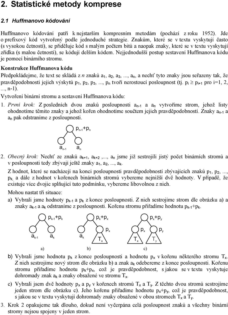 Nejjednodušší postup sestavení Huffmanova kódu je pomocí binárního stromu. Konstrukce Huffmanova kódu Předpokládejme, že text se skládá z n znaků a 1, a 2, a 3,.