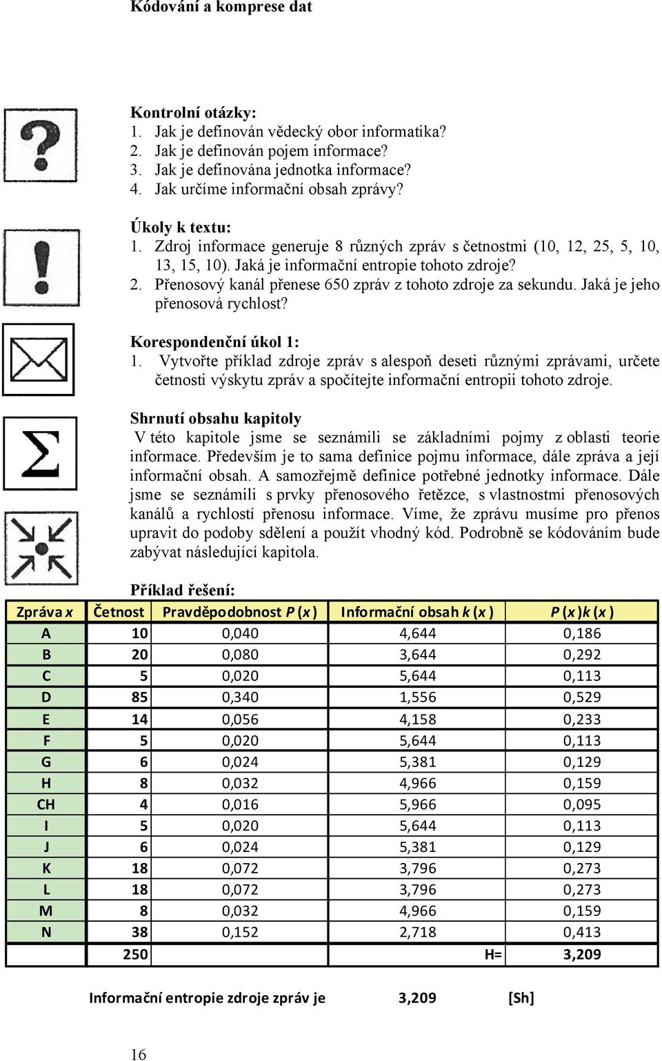 Jaká je jeho přenosová rychlost? Korespondenční úkol :. Vytvořte příklad zdroje zpráv s alespoň deseti různými zprávami, určete četnosti výskytu zpráv a spočítejte informační entropii tohoto zdroje.