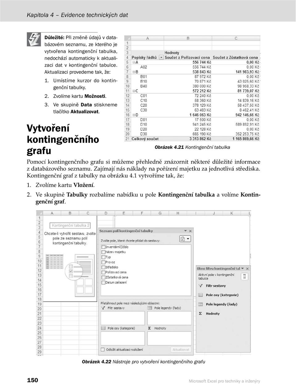 21 Kontingenční tabulka Pomocí kontingenčního grafu si můžeme přehledně znázornit některé důležité informace z databázového seznamu. Zajímají nás náklady na pořízení majetku za jednotlivá střediska.
