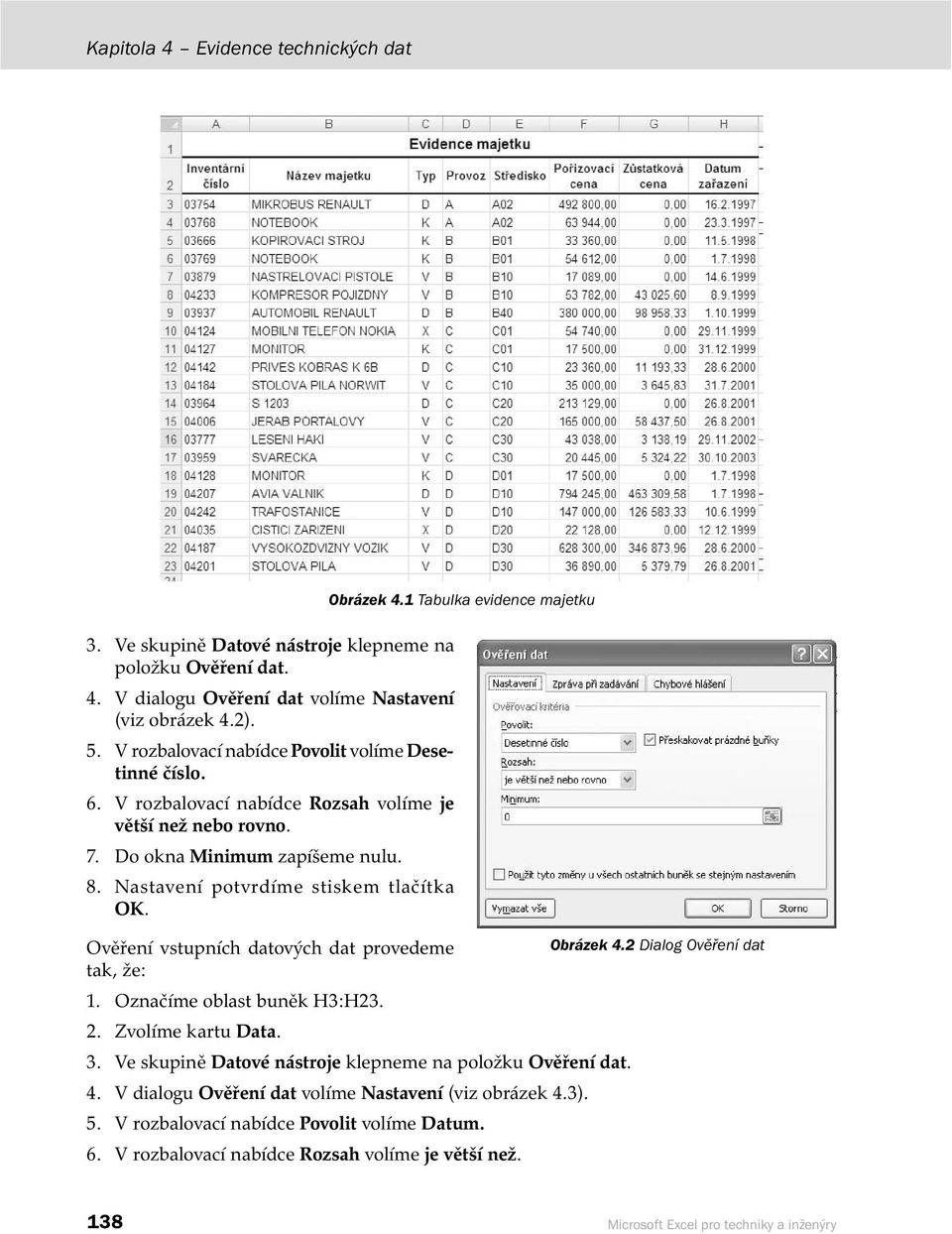 Obrázek 4.1 Tabulka evidence majetku Ověření vstupních datových dat provedeme Obrázek 4.2 Dialog Ověření dat tak, že: 1. Označíme oblast buněk H3:H23. 2. Zvolíme kartu Data. 3.