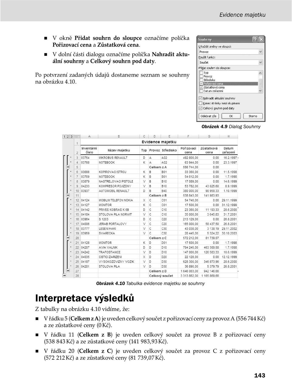 10 Tabulka evidence majetku se souhrny V řádku 5 (Celkem z A) je uveden celkový součet z pořizovací ceny za provoz A (556 744 Kč) a ze zůstatkové ceny (0 Kč).