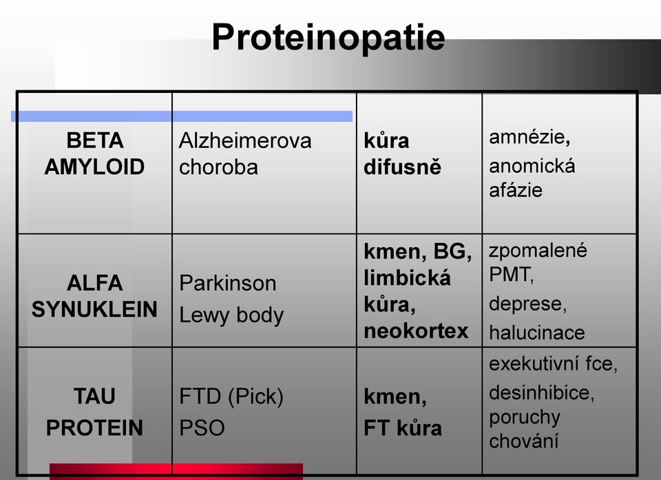 BG, limbická kůra, neokortex zpomalené PMT, deprese, halucinace