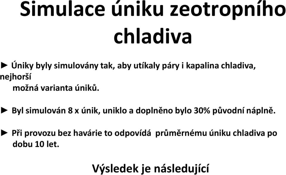 Byl simulován 8 x únik, uniklo a doplněno bylo 30% původní náplně.