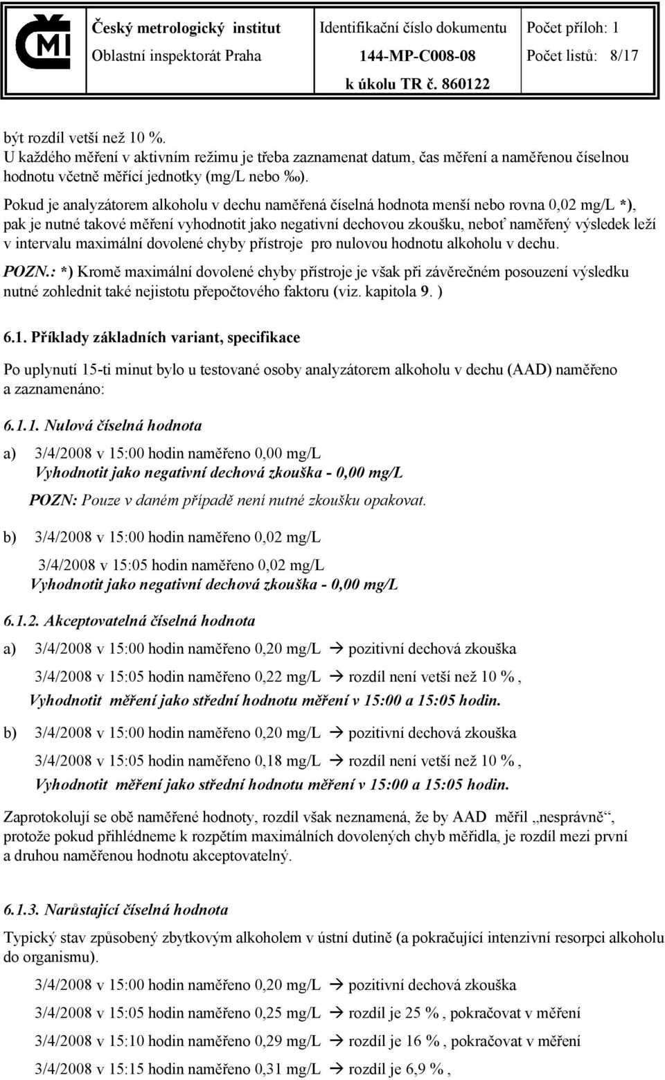 intervalu maximální dovolené chyby přístroje pro nulovou hodnotu alkoholu v dechu. POZN.