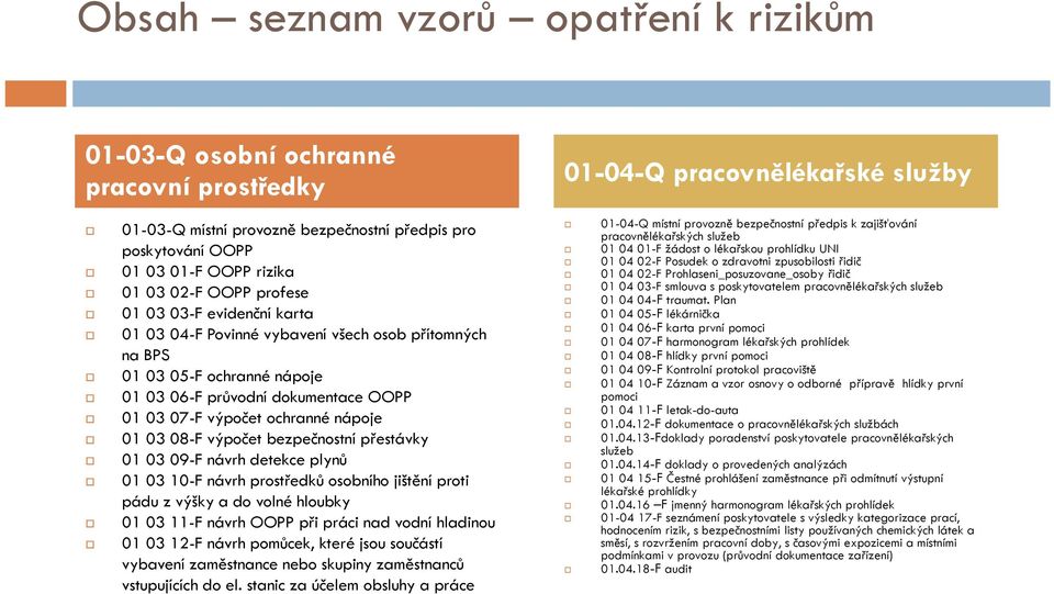 ochranné nápoje pj 01 03 08-F výpočet bezpečnostní přestávky 01 03 09-F návrh detekce plynů 01 03 10-F návrh prostředků osobního jištění proti pádu z výšky a do volné hloubky 01 03 11-F návrh OOPP