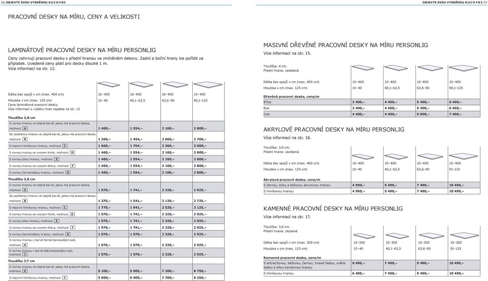 MasiVNí DřeVĚNé PraCoVNí DesKy Na MírU PersoNLiG Více informací na str. 15. tloušťka: 4 cm. Přední hrana: zaoblená Délka bez spojů v cm (max. 400 cm) 10 400 10 400 10 400 10 400 Hloubka v cm (max.