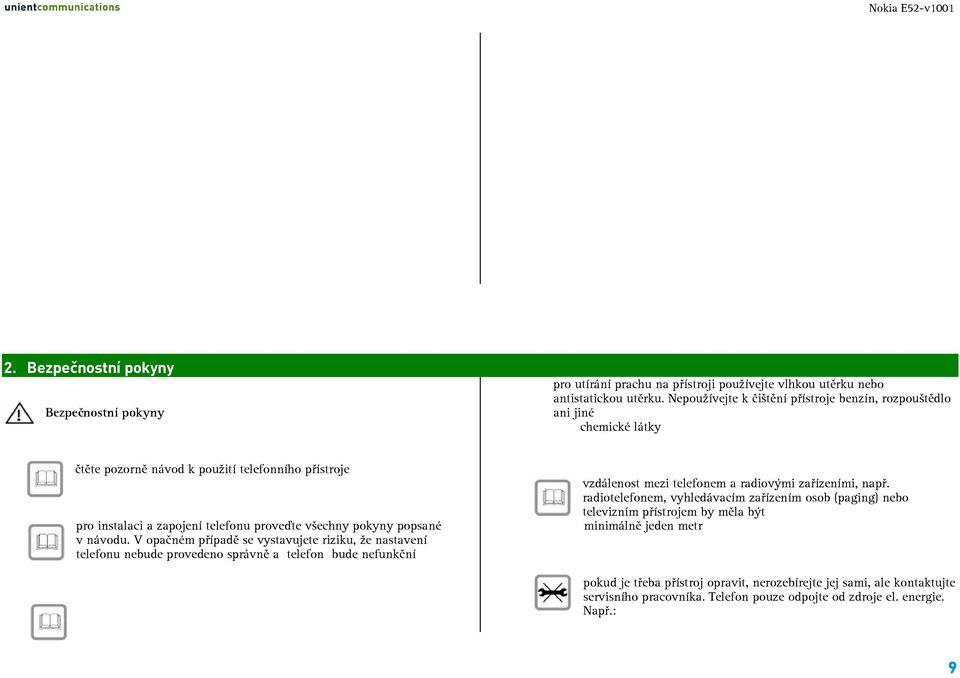 popsané v návodu. V opačném případě se vystavujete riziku, že nastavení telefonu nebude provedeno správně a telefon bude nefunkční vzdálenost mezi telefonem a radiovými zařízeními, např.