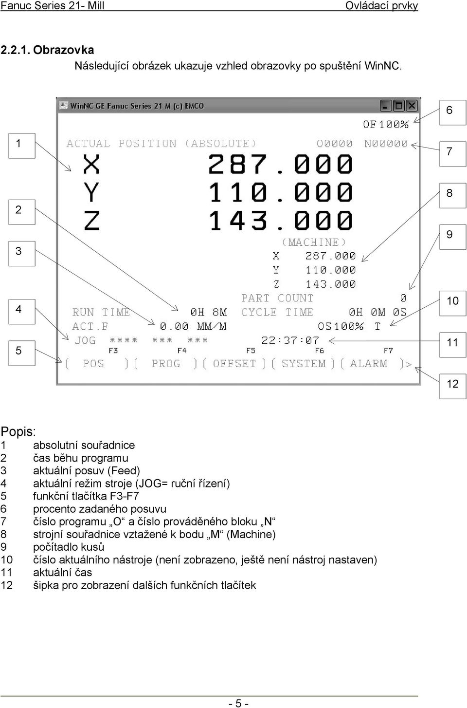 řízení) 5 funkční tlačítka F3-F7 6 procento zadaného posuvu 7 číslo programu O a číslo prováděného bloku N 8 strojní souřadnice vztažené
