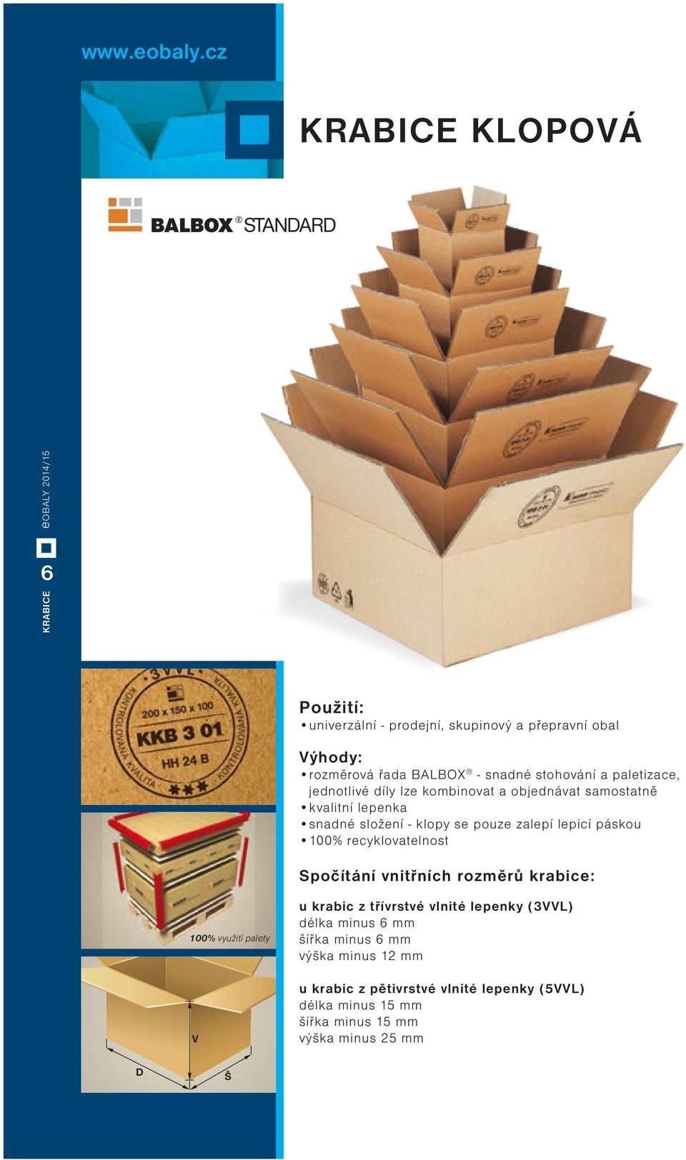 recyklovatelnost Spočítání vnitřních rozměrů krabice: 100% využití palety V u krabic z třívrstvé vlnité lepenky (3VVL) délka minus 6