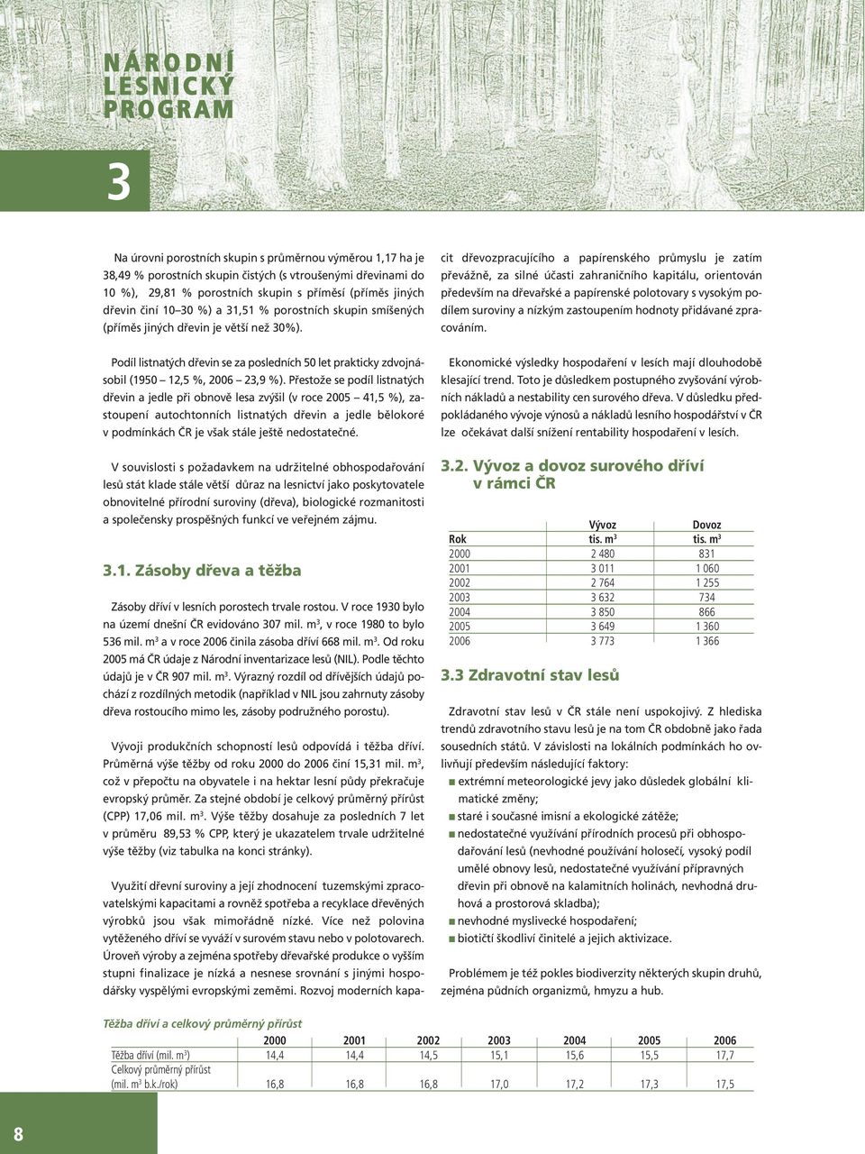 m 3, v roce 1980 to bylo 536 mil. m 3 avroce 2006 činila zásoba dříví 668 mil. m 3. Od roku 2005 má ČR údaje z Národní inventarizace lesů (NIL). Podle těchto údajů je v ČR 907 mil. m 3. Výrazný rozdíl od dřívějších údajů pochází z rozdílných metodik (například v NIL jsou zahrnuty zásoby dřeva rostoucího mimo les, zásoby podružného porostu).