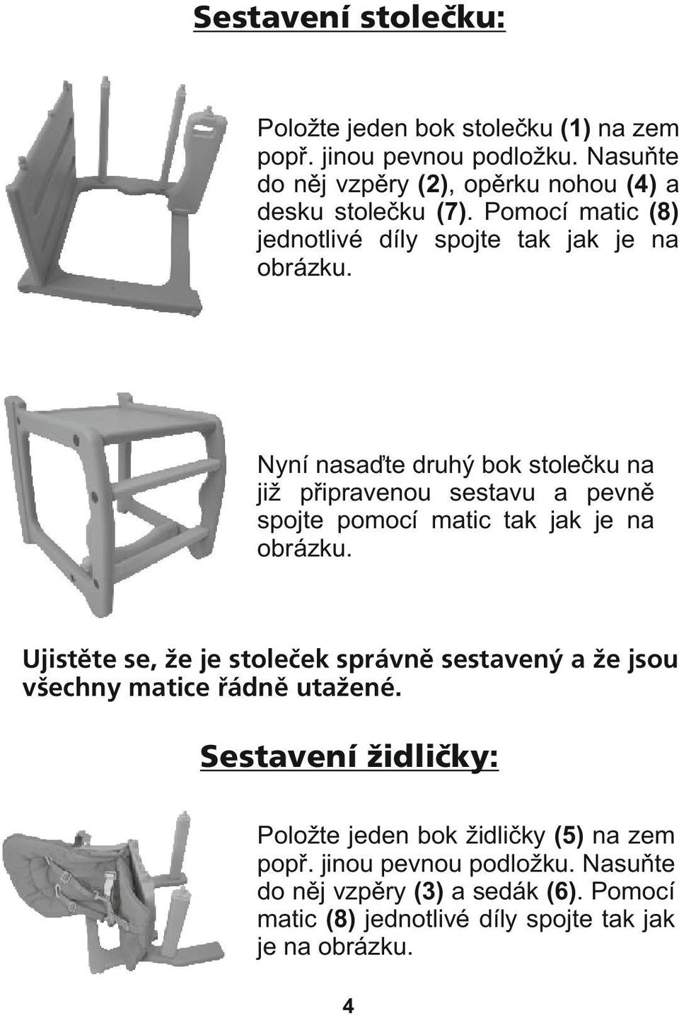 Nyní nasaďte druhý bok stolečku na již připravenou sestavu a pevně spojte pomocí matic tak jak je na obrázku.