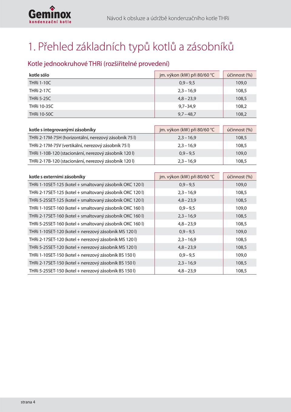 jm. výkon (kw) při 80/60 C účinnost (%) THRi 2-17M-75H (horizontální, nerezový zásobník 75 l) 2,3 16,9 108,5 THRi 2-17M-75V (vertikální, nerezový zásobník 75 l) 2,3 16,9 108,5 THRi 1-10B-120