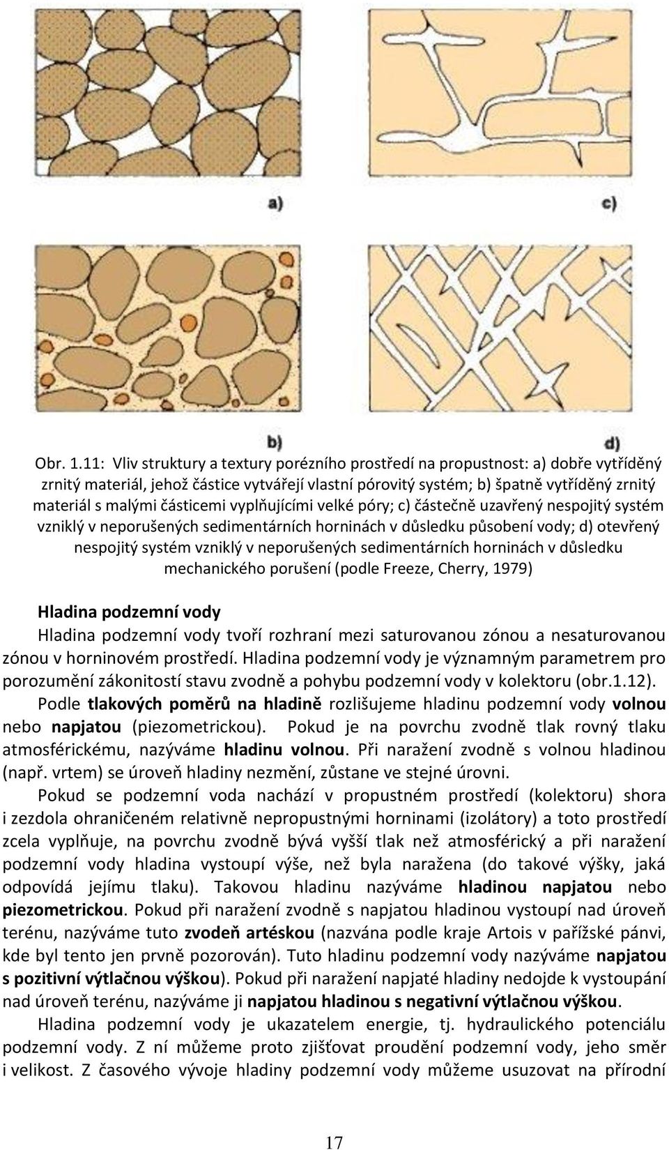 částicemi vyplňujícími velké póry; c) částečně uzavřený nespojitý systém vzniklý v neporušených sedimentárních horninách v důsledku působení vody; d) otevřený nespojitý systém vzniklý v neporušených