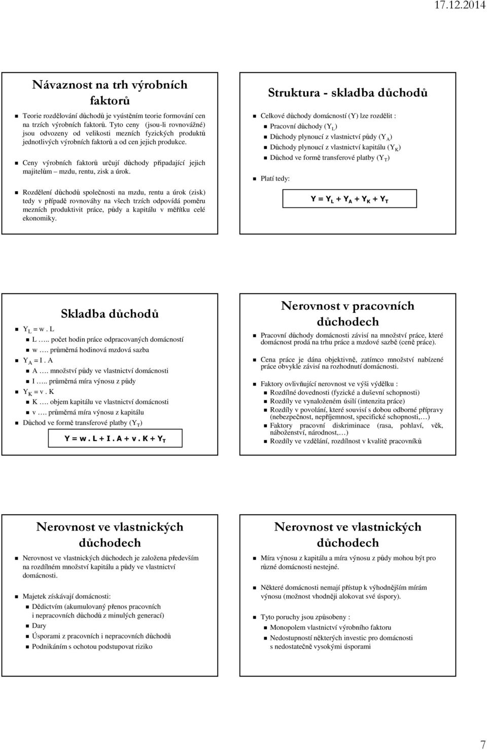 Ceny výrobních faktorů určují důchody připadající jejich majitelům mzdu, rentu, zisk a úrok.