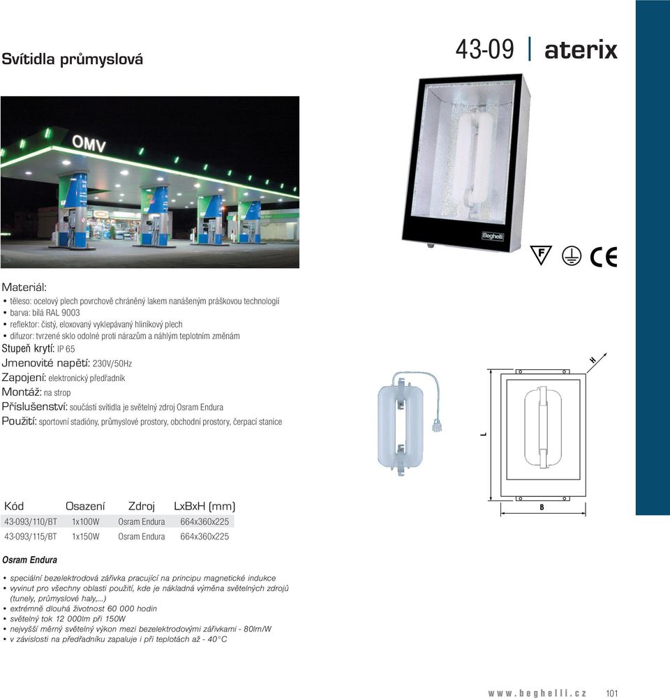 Použití: sportovní stadióny, průmyslové prostory, obchodní prostory, čerpací stanice Kód Osazení Zdroj LxBxH (mm) 43-093/110/BT 1x100W Osram Endura 664x360x225 43-093/115/BT 1x150W Osram Endura